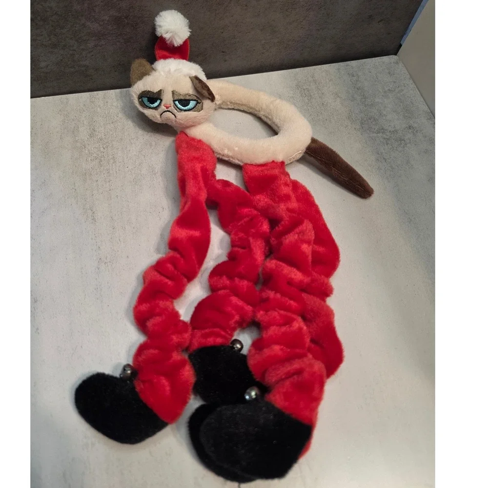 Grumpy Cat Christmas Plush Cat Toy Santa Hat Long Scrunchy Legs Jingle Bells